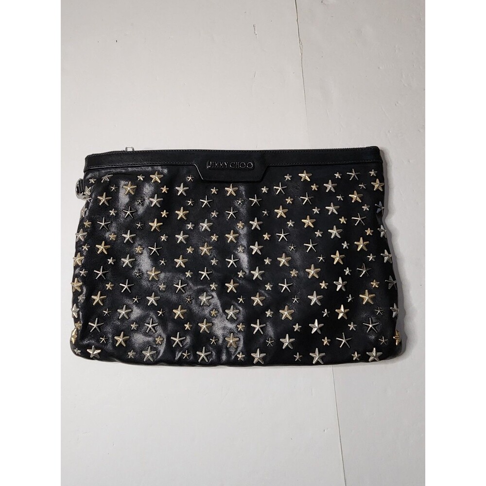 Jimmy Choo Derek Clutch Bag Black Soft Leather Star Studded Silver Hardware